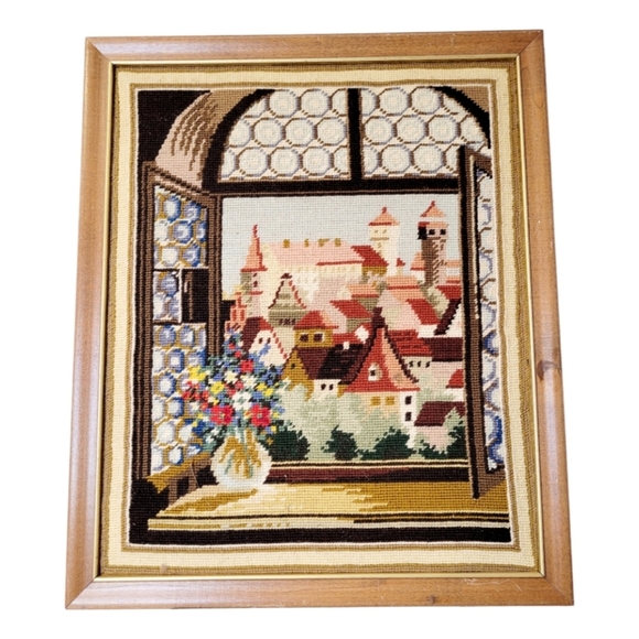 Vintage Cottage Homes Town Scene Landscape Handmade Crosstitched 15.5x9 UNFRAMED - Picture 1 of 5